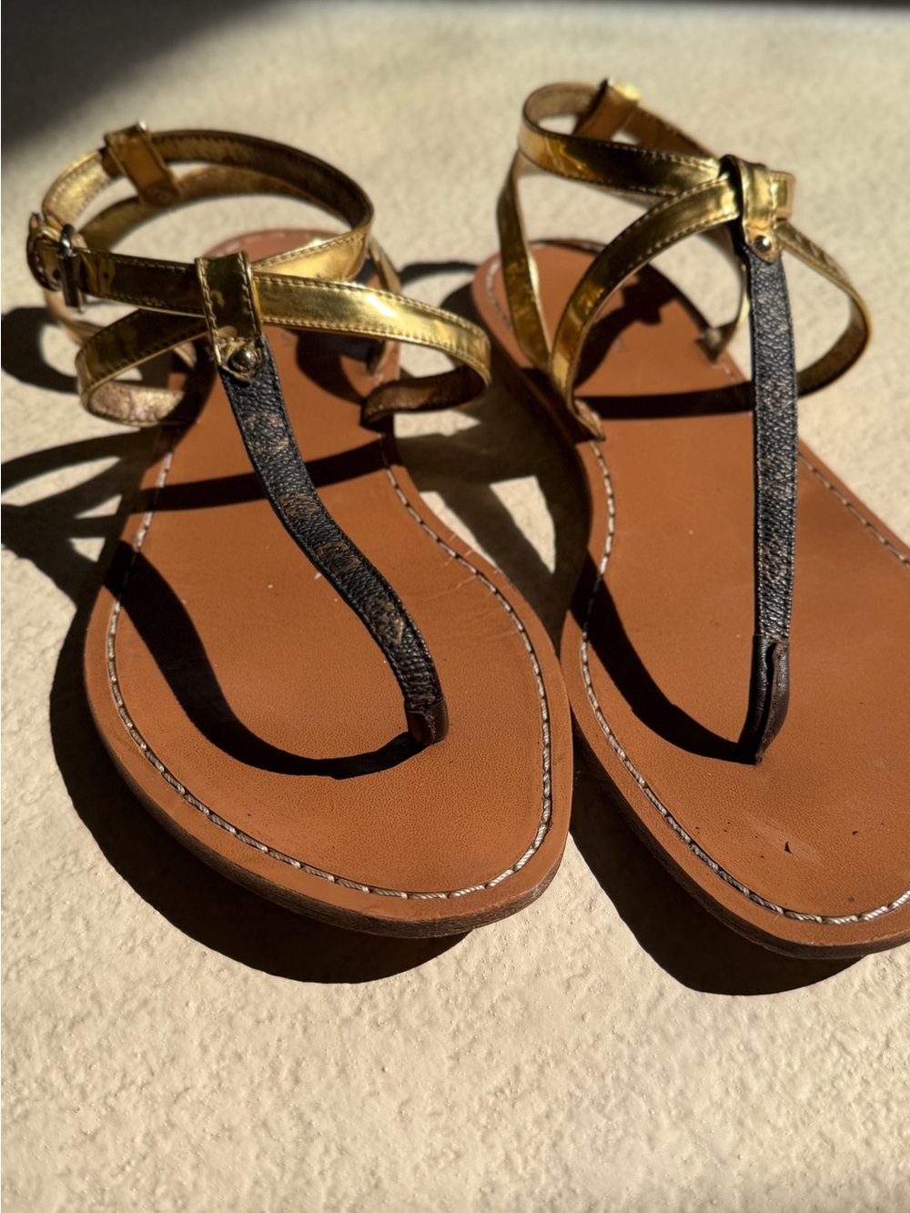 Louis Vuitton Monogram Leather Thong Sandals Gold/Brown Ankle Strap Womens Size9